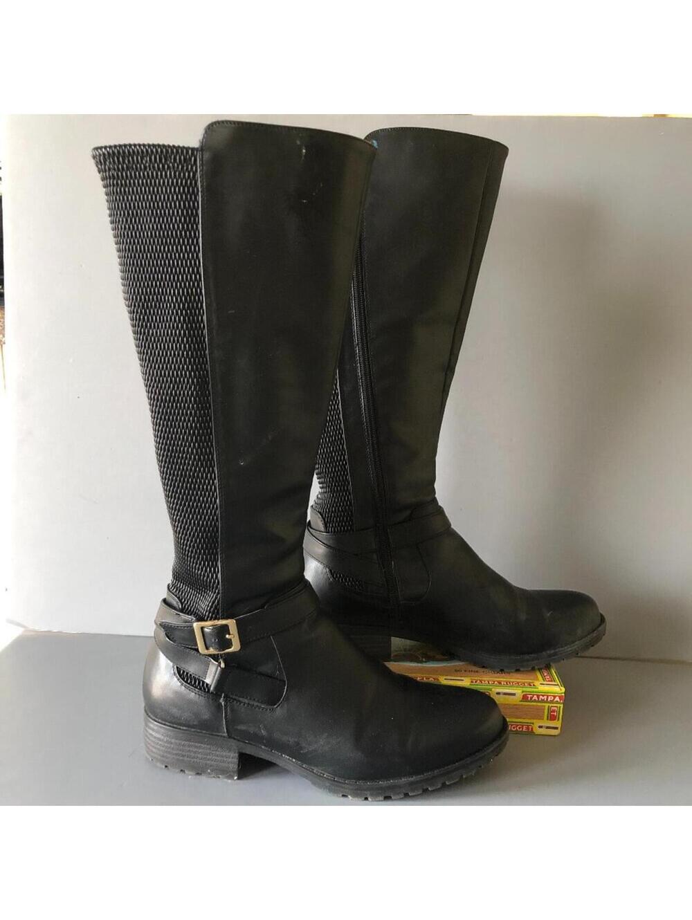COMFORT BLACK FAUX LEATHER & TEXTURED FABRIC KNEE HIGH ZIP UP RIDING BOOT 8.5 W